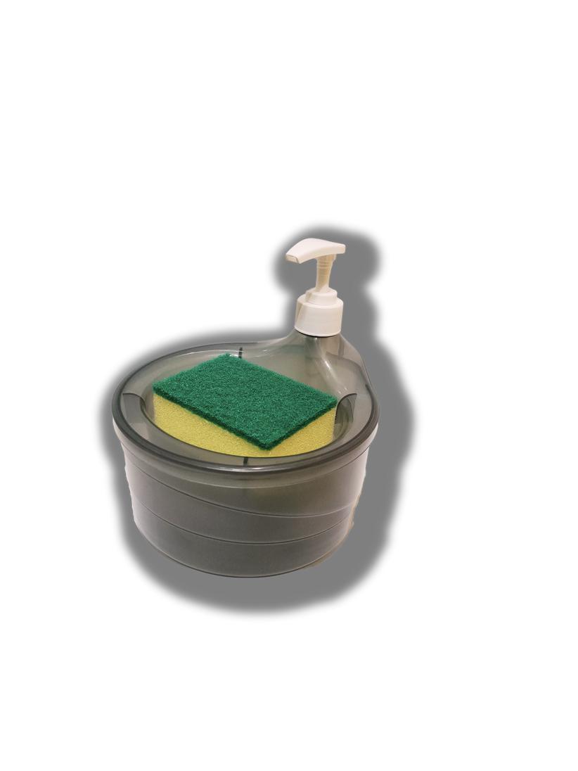 a green sponge sits on top of a soap dispenser